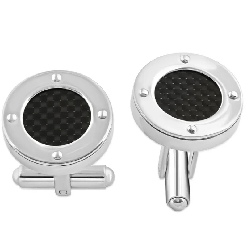 Men's Stainless Steel And Black Carbon Fiber Round Polished Cufflink 8mm