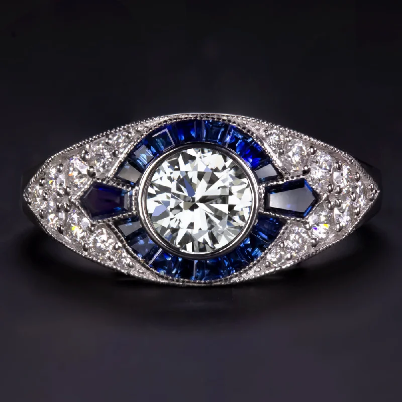 CERTIFIED DIAMOND SAPPHIRE ENGAGEMENT RING VINTAGE STYLE ART DECO 14k WHITE GOLD