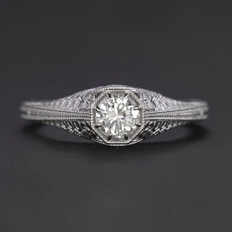 0.43c VINTAGE STYLE DIAMOND ENGAGEMENT RING E-F SI ROUND CUT WHITE GOLD FILIGREE