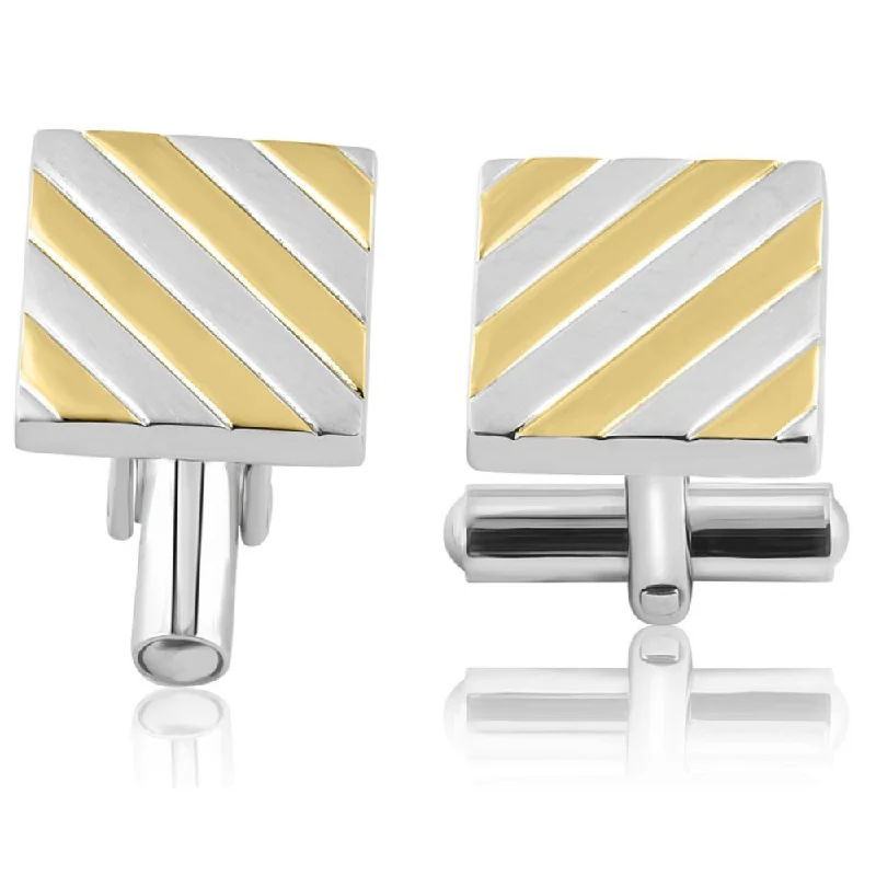 Men's Stainless Steel And Gold Striped Rectangle Polished 14mm Cufflink