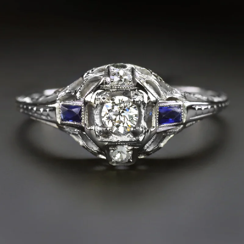 ART DECO DIAMOND SAPPHIRE ENGAGEMENT RING VINTAGE 18K WHITE GOLD FILIGREE 1920s