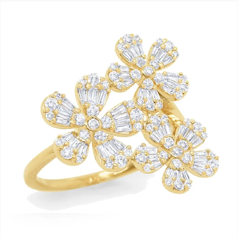 14K Gold Baguette & Round Diamond Flower Ring