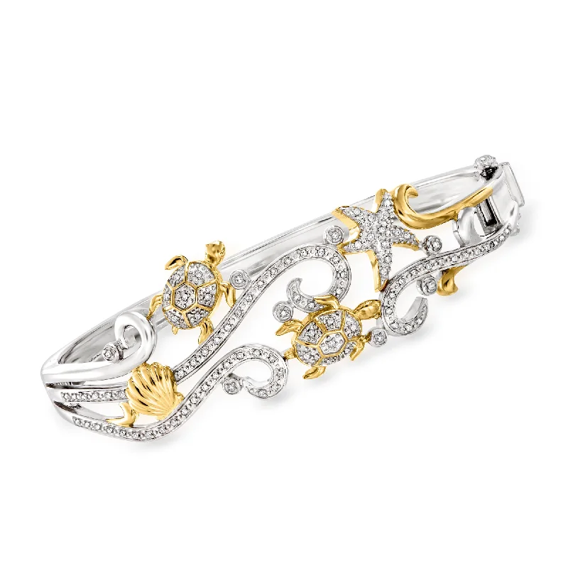 Ross-Simons Diamond Sea Life Bangle Bracelet in Sterling Silver With 18kt Gold Over Sterling