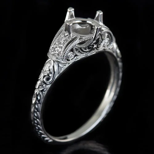 VINTAGE STYLE ROUND DIAMOND MOUNT ENGAGEMENT RING SETTING WHITE GOLD ART DECO