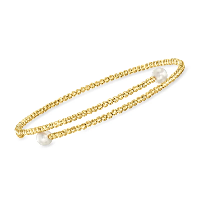 RS Pure by Ross-Simons 4-5mm Cultured Pearl Beaded Bypass Cuff Bracelet in 14kt Yellow Gold