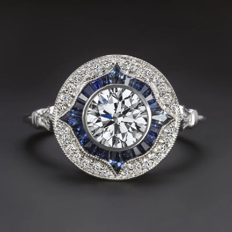 1ct LAB CREATED DIAMOND SAPPHIRE ENGAGEMENT RING VINTAGE STYLE ART DECO HALO