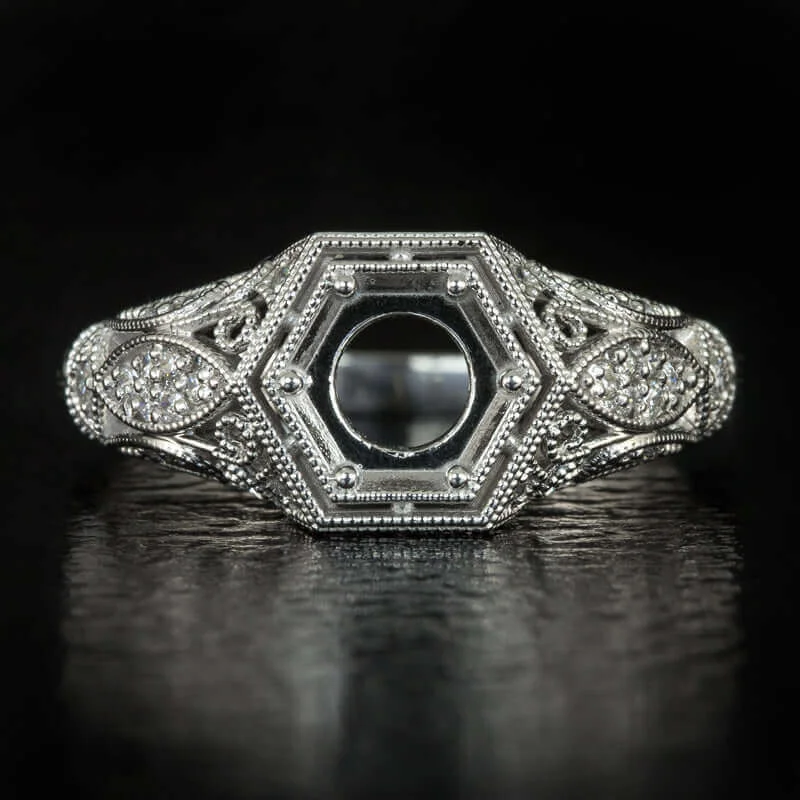 ART DECO DIAMOND SEMI MOUNT FILIGREE 6mm ENGAGEMENT RING SETTING VINTAGE STYLE