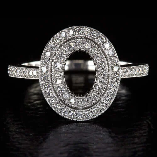 OVAL DIAMOND DOUBLE HALO ENGAGEMENT RING SETTING VINTAGE STYLE MOUNT WHITE GOLD