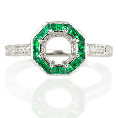 VINTAGE GREEN EMERALD HALO DIAMOND SEMI-MOUNT ENGAGEMENT RING ROUND SETTING 14K