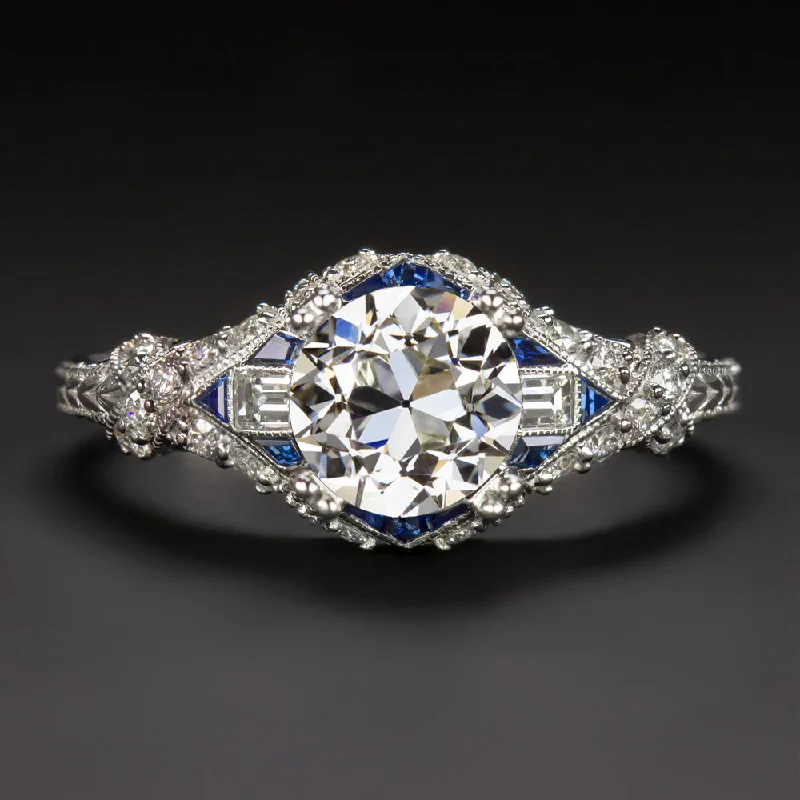 1.32ct GIA CERT OLD EUROPEAN CUT DIAMOND ENGAGEMENT RING SAPPHIRE VINTAGE STYLE