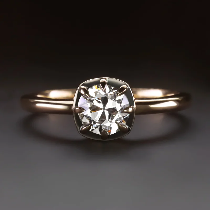 OLD EUROPEAN CUT DIAMOND ENGAGEMENT RING VINTAGE STYLE GOLD BUTTON BACK COLLET