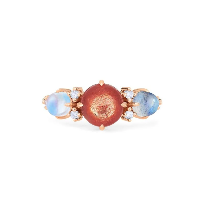 [Celestine] Interstellar Three Stone Ring in Sunstone, Moonstone, and Labradorite