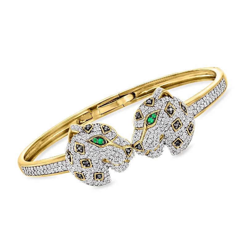 Ross-Simons White and Black Diamond Leopard Cuff Bracelet With Emerald Accents in 18kt Gold Over Sterling