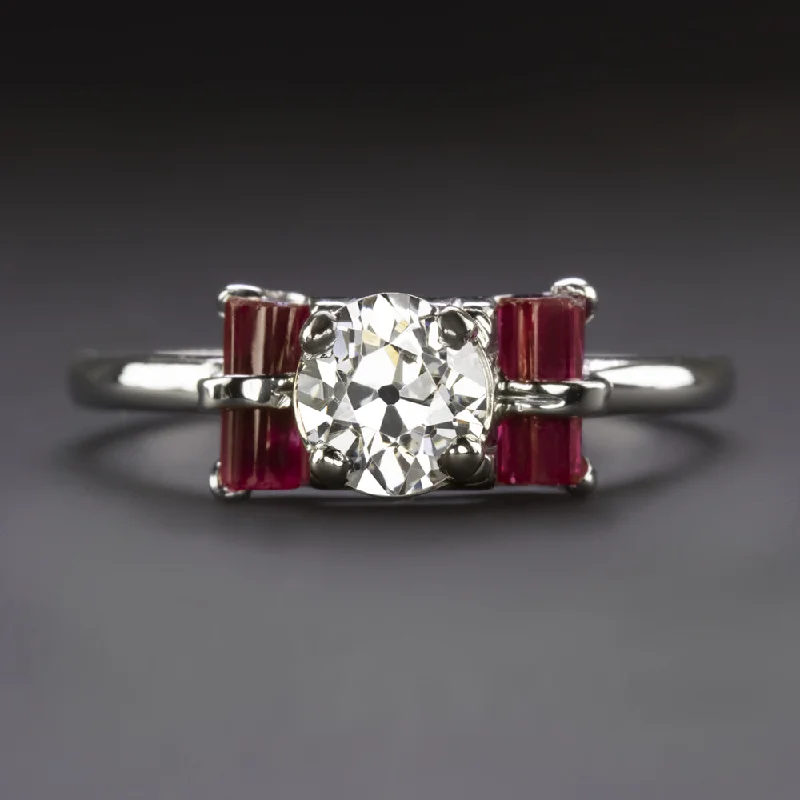 VINTAGE DIAMOND RUBY ENGAGEMENT RING OLD EUROPEAN CUT PLATINUM 0.68c G SI2 RETRO