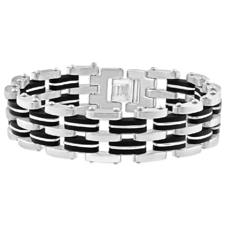 Men's Steel Brushed And Black Two Tone 18.5mm Wide Link Flexible 8.5 " Bracelet