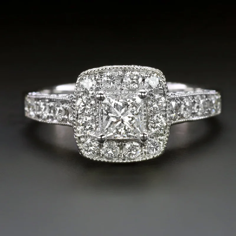 PRINCESS CUT DIAMOND ENGAGEMENT RING CUSHION HALO VINTAGE STYLE 14k WHITE GOLD