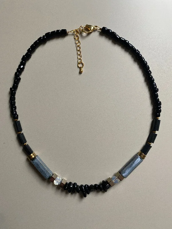 FRT02  - Porcelain, hematite, semi precious chips and glass seed beaded necklace