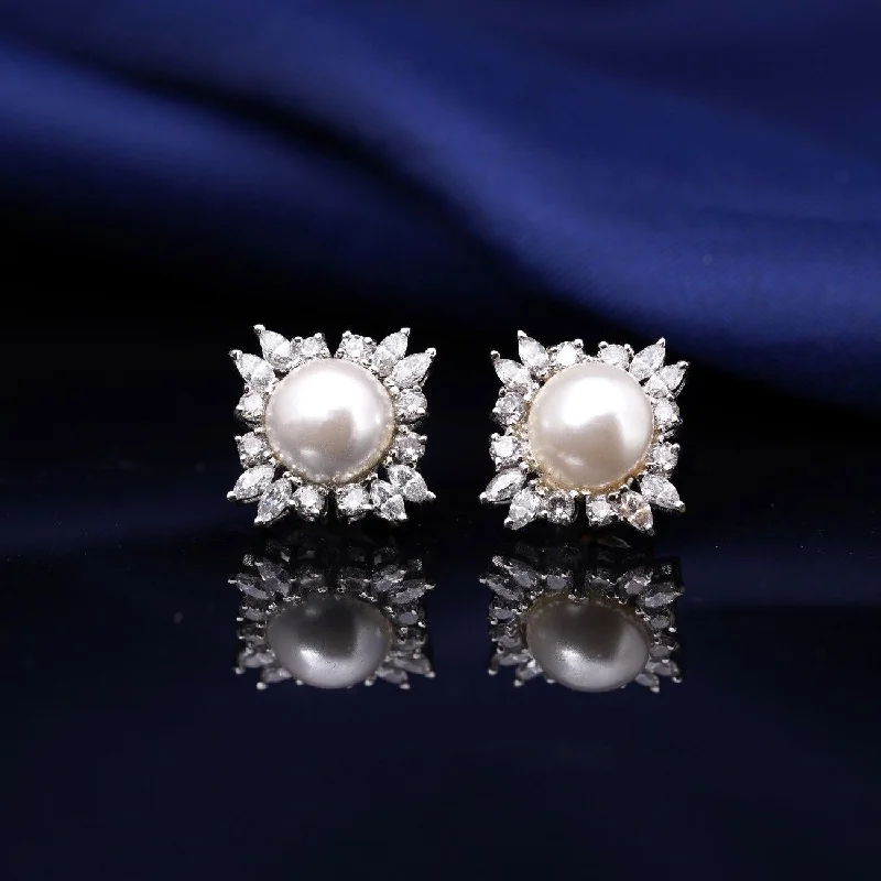 92.5 Silver - Crystal Dew Zircon Stone Pearl Earrings