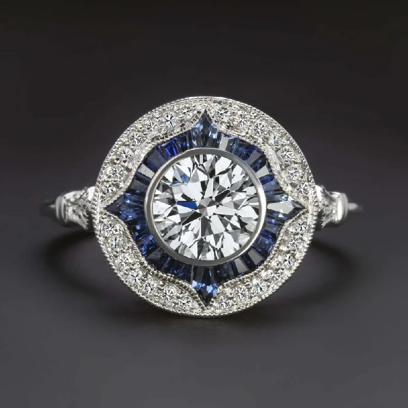 1ct LAB CREATED DIAMOND SAPPHIRE ENGAGEMENT RING CERTIFIED HALO VINTAGE STYLE