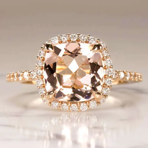 2.6ct PEACH MORGANITE .53ct DIAMOND CUSHION HALO ENGAGEMENT RING ROSE GOLD PAVE