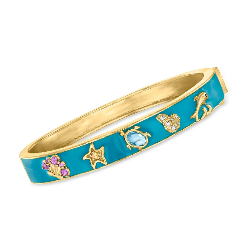 Ross-Simons Multi-Gemstone and Blue Enamel Sea Life Bangle Bracelet in 18kt Gold Over Sterling