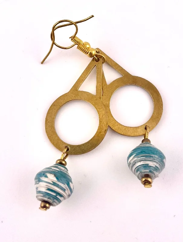 Paper Bead Blue Drops with Gold Earrings