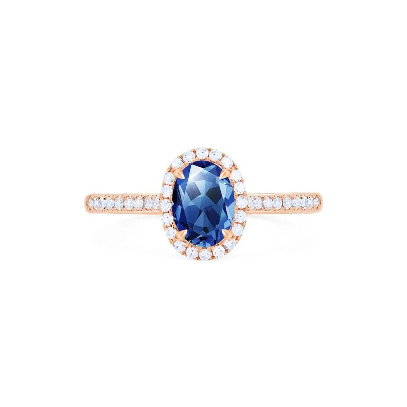 [Lenora] Petite Oval Halo Diamond Ring in Lab Blue Sapphire