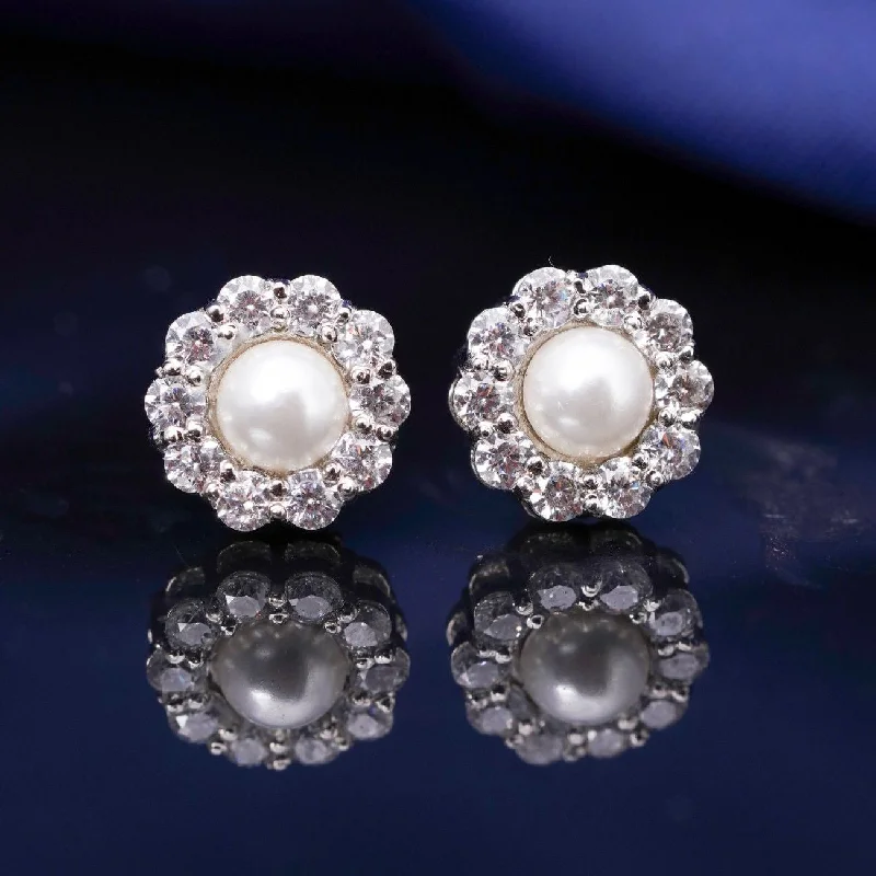 92.5 Silver- Zircon  & Pearl Curve Edged Floral  Earrings, Delicated yet Elegant