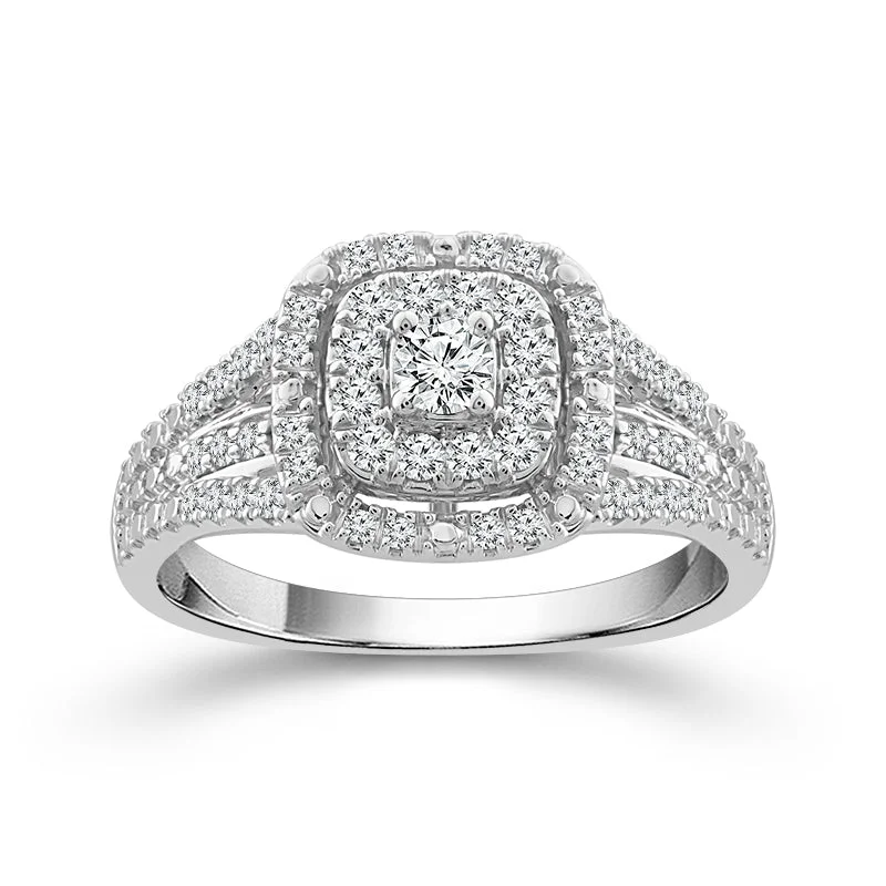 10k White Gold 1/2ctw Diamond Square Double Halo Cluster Engagement Ring