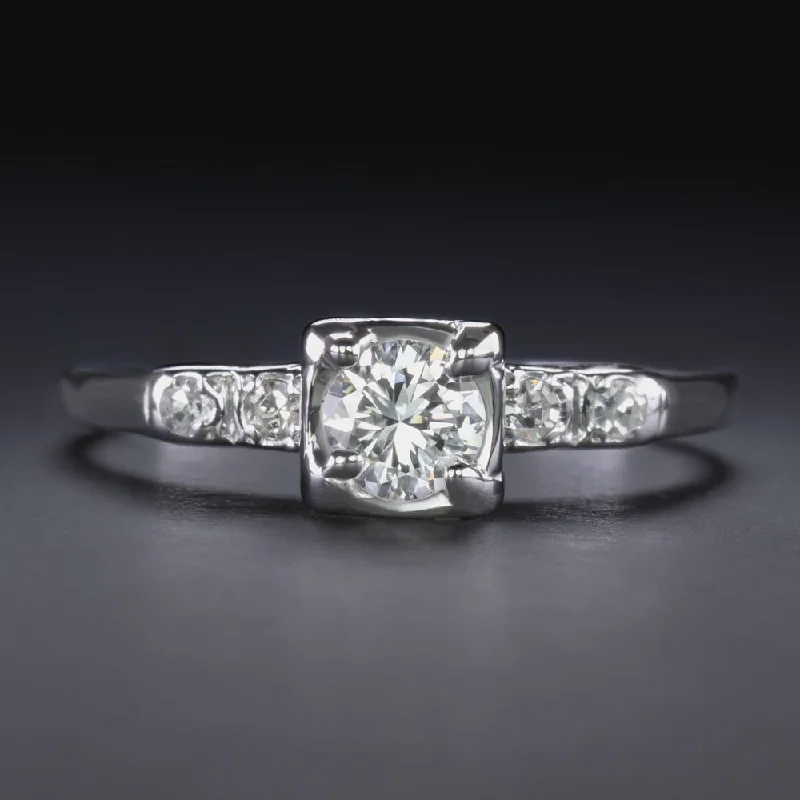 VINTAGE F-G VS DIAMOND ENGAGEMENT RING 14K WHITE GOLD ROUND CUT ESTATE CLASSIC