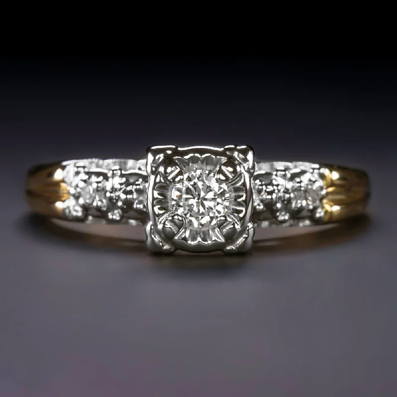 VINTAGE DIAMOND ENGAGEMENT RING ROUND CUT 14k TWO TONE GOLD ILLUSION SETTING